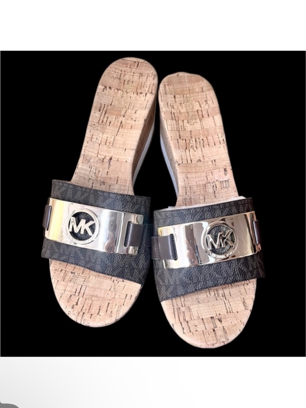 Michael Kors Brown Leather Cork Slide Sandals with Gold Logo NWOT